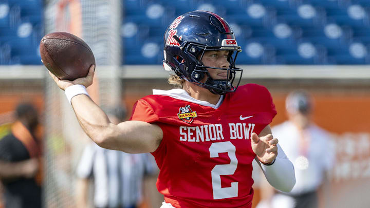 Jan 29, 2025; Mobile, AL, USA; American team quarterback Jaxson Dart of Ole Miss (2) throws the ball during Senior Bowl practice for the National team at Hancock Whitney Stadium. Mandatory Credit: Vasha Hunt-Imagn Images