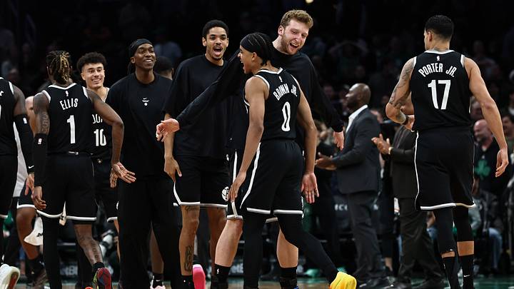 Oct 27, 2026; Boston, Massachusetts, USA; Brooklyn Nets guard Mikel Brown Jr. (0) clebrates with teammates after his three point shot in the final seconds of the second half tied the game and sent it to overtime against the Boston Celtics at TD Garden. Mandatory Credit: Winslow Townson-Imagn Images Oct 27, 2026; Boston, Massachusetts, USA; Brooklyn Nets guard Mikel Brown Jr. (0) clebrates with teammates after his three point shot in the final seconds of the second half tied the game and sent it to overtime against the Boston Celtics at TD Garden. Mandatory Credit: Winslow Townson-Imagn Images