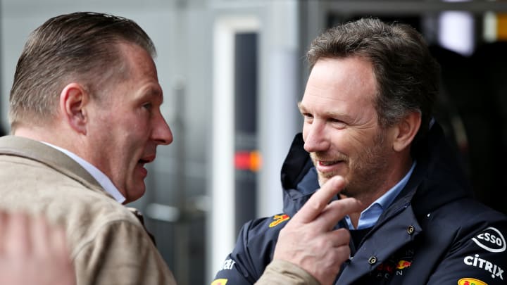 BARCELONA, SPAIN - FEBRUARY 27: Red Bull Racing Team Principal Christian Horner and Jos Verstappen talk in the Pitlane during Day Two of F1 Winter Testing at Circuit de Barcelona-Catalunya on February 27, 2020 in Barcelona, Spain. (Photo by Charles Coates/Getty Images)