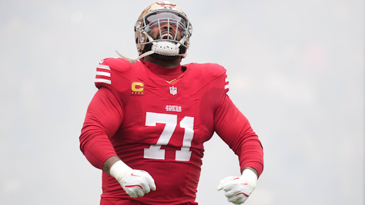 Dec 14, 2025; Santa Clara, California, USA;  San Francisco 49ers offensive tackle Trent Williams (71) enters the field prior to the first half against the Tennessee Titans at Levi's Stadium. Mandatory Credit: Cary Edmondson-Imagn Images