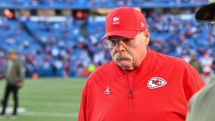 Nov 2, 2025; Orchard Park, New York, USA; Kansas City Chiefs head coach Andy Reid walks the sideline before the game against the Buffalo Bills at Highmark Stadium. Mandatory Credit: Mark Konezny-Imagn Images