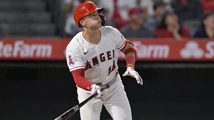 Sep 25, 2023; Anaheim, California, USA; Los Angeles Angels catcher Logan O'Hoppe (14) hits a solo