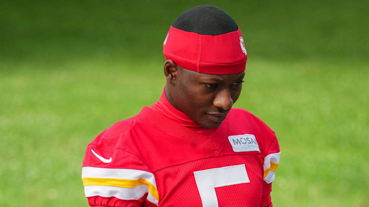 Jul 22, 2025; St. Joseph, MO, USA; Kansas City Chiefs wide receiver Hollywood Brown (5) walks down the hill to the practice fields during training camp at Missouri Western State University. Mandatory Credit: Denny Medley-Imagn Images