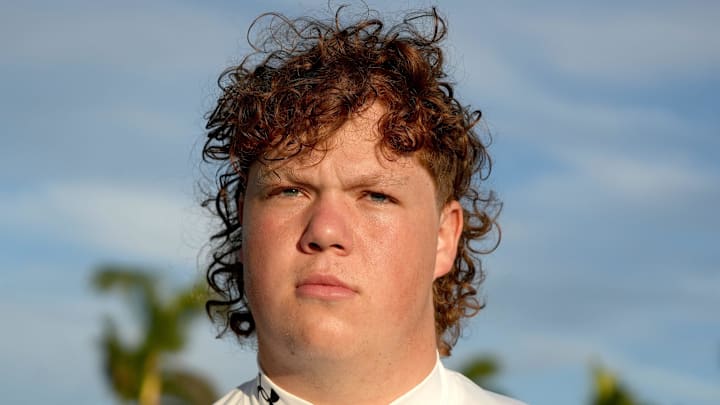 (#43) Breck Kolojay, OL, 6'6, 317 pounds, for the white team, Class of 2026, during IMG's Academy Pro Day held at IMG's football field in Bradenton, FL on Thursday, Feb, 27, 2025. (#43) Breck Kolojay, OL, 6'6, 317 pounds, for the white team, Class of 2026, during IMG's Academy Pro Day held at IMG's football field in Bradenton, FL on Thursday, Feb, 27, 2025.