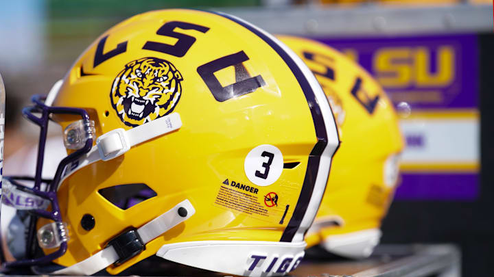 Oct 7, 2023; Columbia, Missouri, USA; A general view of a LSU Tigers helmet against the Missouri Tigers during the first half at Faurot Field at Memorial Stadium. Mandatory Credit: Denny Medley-Imagn Images