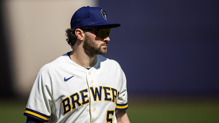 Feb 25, 2023; Phoenix, Arizona, USA; Milwaukee Brewers outfielder Garrett Mitchell against the Los Angeles Dodgers during a spring training game at American Family Fields of Phoenix. Mandatory Credit: Mark J. Rebilas-USA TODAY Sports