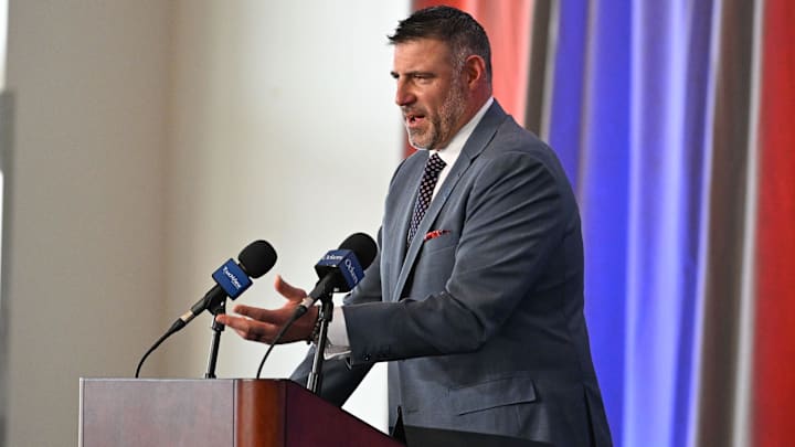 Jan 13, 2025; Foxborough, MA, USA; Mike Vrabel addresses media at a press conference to announce his hiring as the New England Patriots head coach at Gillette Stadium. Mandatory Credit: Eric Canha-Imagn Images