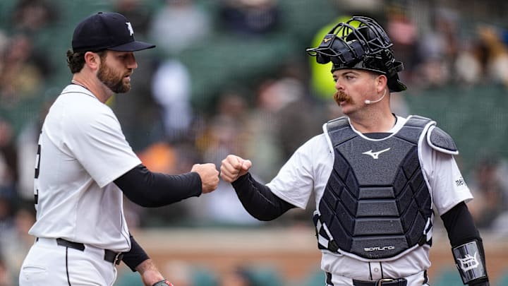 Detroit Tigers pitcher Casey Mize (12) fist bumps catcher Jake Rogers (34) after pitching against New York Yankees during the third inning at Comerica Park in Detroit on Monday, April 7, 2025. Detroit Tigers pitcher Casey Mize (12) fist bumps catcher Jake Rogers (34) after pitching against New York Yankees during the third inning at Comerica Park in Detroit on Monday, April 7, 2025.