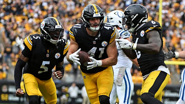 Nov 2, 2025; Pittsburgh, Pennsylvania, USA; Pittsburgh Steelers linebacker Payton Wilson (41) celebrates an interception during the first half against the Indianapolis Colts at Acrisure Stadium. Mandatory Credit: Barry Reeger-Imagn Images