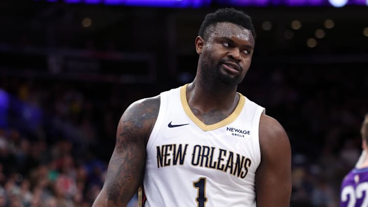 Mar 2, 2025; Salt Lake City, Utah, USA; New Orleans Pelicans forward Zion Williamson (1) reacts to a play against the Utah Jazz during the second half at Delta Center. Mandatory Credit: Rob Gray-Imagn Images