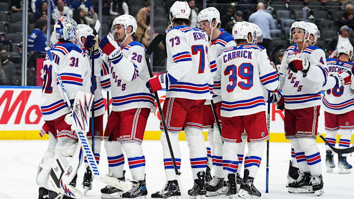 Oct 19, 2024; Toronto, Ontario, CAN; New York Rangers goaltender Igor Shesterkin (31) celebrates with left wing Chris Kreider (20) after defeating the Toronto Maple Leafs at Scotiabank Arena. Mandatory Credit: Nick Turchiaro-Imagn Images