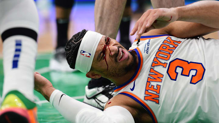 May 14, 2025; Boston, Massachusetts, USA; New York Knicks guard Josh Hart (3) is bloodied after taking an elbow to the eye in the first half during game five of the second round for the 2025 NBA Playoffs against the Boston Celtics at TD Garden. Mandatory Credit: Bob DeChiara-Imagn Images