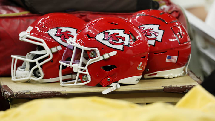 Feb 9, 2025; New Orleans, LA, USA; A detail view of Kansas City Chiefs helmets before Super Bowl LIX between the Philadelphia Eagles and the Kansas City Chiefs at Caesars Superdome. Mandatory Credit: Geoff Burke-Imagn Images