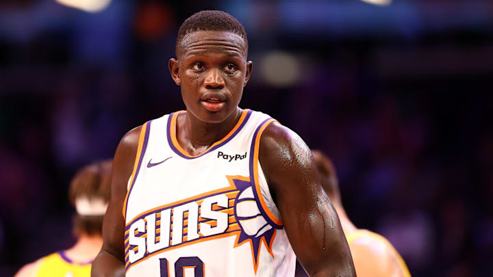 Oct 14, 2025; Phoenix, Arizona, USA; Phoenix Suns center Khaman Maluach (10) against the Los Angeles Lakers during an NBA preseason game at Mortgage Matchup Center. Mandatory Credit: Mark J. Rebilas-Imagn Images