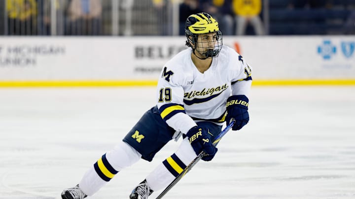 Mar 7, 2025; Ann Arbor, MI, USA;  Michigan Wolverines forward Michael Hage (19) skates against Penn State  during a Big Ten Tournament quarter final game at Yost Arena. Mandatory Credit: Rick Osentoski-Imagn Images