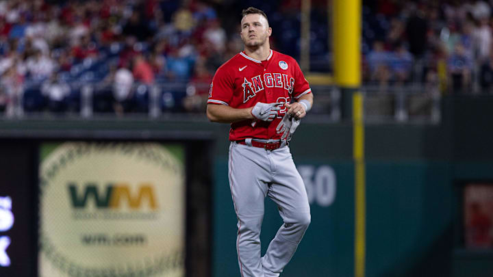 Jun 3, 2022; Philadelphia, Pennsylvania, USA; Los Angeles Angels center fielder Mike Trout (27)
