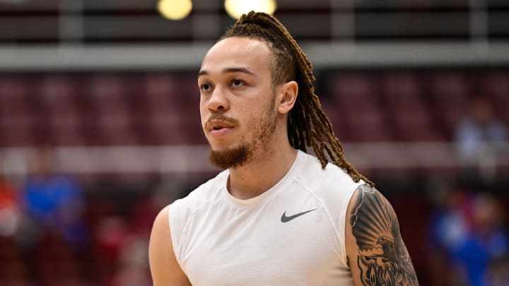 Jan 17, 2026; Stanford, California, USA; Stanford Cardinal guard Jeremy Dent-Smith (25) looks on before the game against the Duke Blue Devils at Maples Pavilion. Mandatory Credit: Eakin Howard-Imagn Images