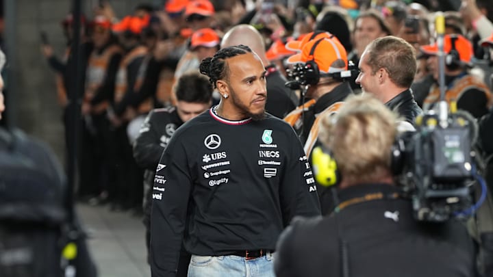 Nov 23, 2024; Las Vegas, Nevada, USA; Mercedes AMG Petronas F1 Team driver Lewis Hamilton of Great Britain (44) arrives for the Las Vegas Grand Prix drivers parade at the Las Vegas Circuit. Mandatory Credit: Lucas Peltier-Imagn Images