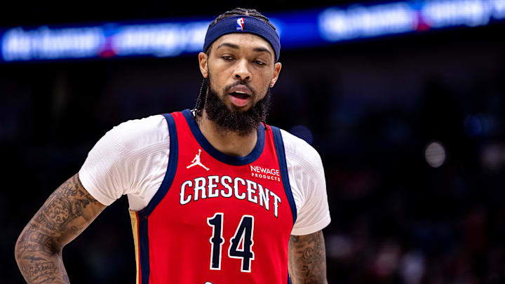 Nov 4, 2024; New Orleans, Louisiana, USA;  New Orleans Pelicans forward Brandon Ingram (14) looks on against the Portland Trail Blazers during the second half at Smoothie King Center. Mandatory Credit: Stephen Lew-Imagn Images