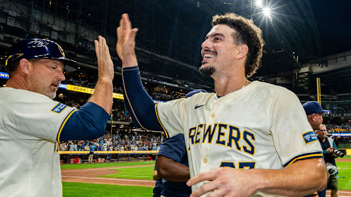 Milwaukee Brewers shortstop Willy Adames (27) celebrates the victory over the Philadelphia Phillies and winning the NL Central Division championship on Wednesday September 18, 2024 at American Family Field in Milwaukee, Wis.