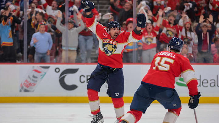 May 9, 2025; Sunrise, Florida, USA; Florida Panthers center Brad Marchand (63) celebrates after scoring the game-winning goal against the Toronto Maple Leafs during overtime in game three of the second round of the 2025 Stanley Cup Playoffs at Amerant Bank Arena. Mandatory Credit: Sam Navarro-Imagn Images May 9, 2025; Sunrise, Florida, USA; Florida Panthers center Brad Marchand (63) celebrates after scoring the game-winning goal against the Toronto Maple Leafs during overtime in game three of the second round of the 2025 Stanley Cup Playoffs at Amerant Bank Arena. Mandatory Credit: Sam Navarro-Imagn Images