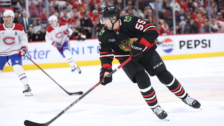 Oct 23, 2026; Chicago, Illinois, USA;  Chicago Blackhawks defenseman Artyom Levshunov (55) controls the puck during the third period against the Montreal Canadiens at United Center.  Mandatory Credit: Talia Sprague-Imagn Images