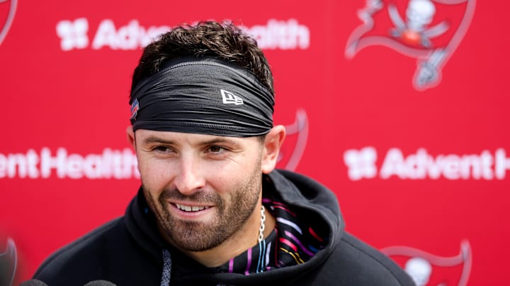 Tampa Bay Buccaneers quarterback Baker Mayfield (6) gives a press conference after mini camp.