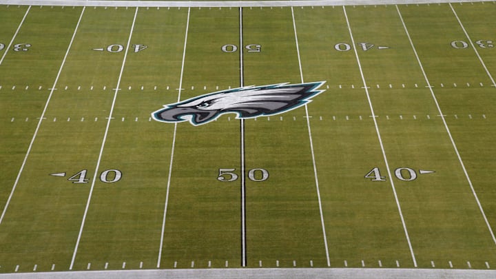 Dec 25, 2017; Philadelphia, PA, USA; General overall view of the Philadelphia Eagles logo at midfield during an NFL football game between the Oakland Raiders and the Philadelphia Eagles at Lincoln Financial Field. Mandatory Credit: Kirby Lee-Imagn Images