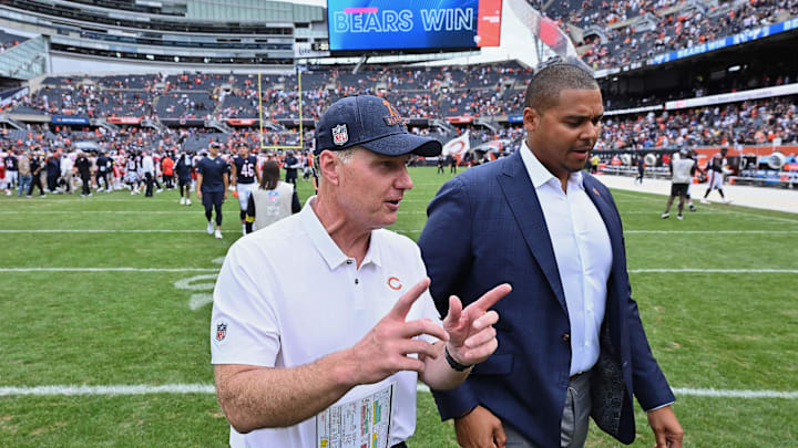 Aug 13, 2022; Chicago, Illinois, USA;  Chicago Bears head coach Matt Eberflus, left, and general
