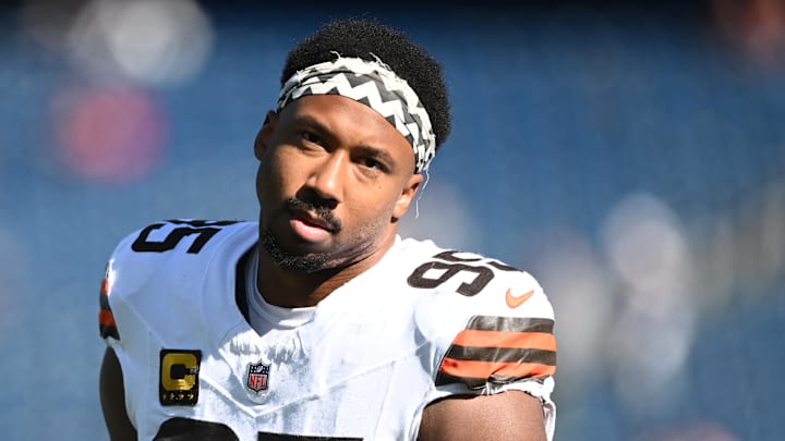 Oct 26, 2025; Foxborough, Massachusetts, USA;  Cleveland Browns defensive end Myles Garrett (95) looks on during warm up prior to the game against the New England Patriots at Gillette Stadium. Mandatory Credit: Brian Fluharty-Imagn Images