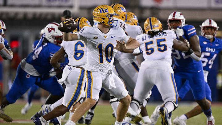 Nov 2, 2024; Dallas, Texas, USA; Pittsburgh Panthers quarterback Eli Holstein (10) in action during the game between the Southern Methodist Mustangs and the Pittsburgh Panthers at Gerald J. Ford Stadium. Mandatory Credit: Jerome Miron-Imagn Images
