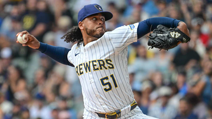Jul 13, 2025; Milwaukee, Wisconsin, USA;  Milwaukee Brewers starting pitcher Freddy Peralta (51) throws a pitch in the first inning against the Washington Nationals at American Family Field. Mandatory Credit: Benny Sieu-Imagn Images