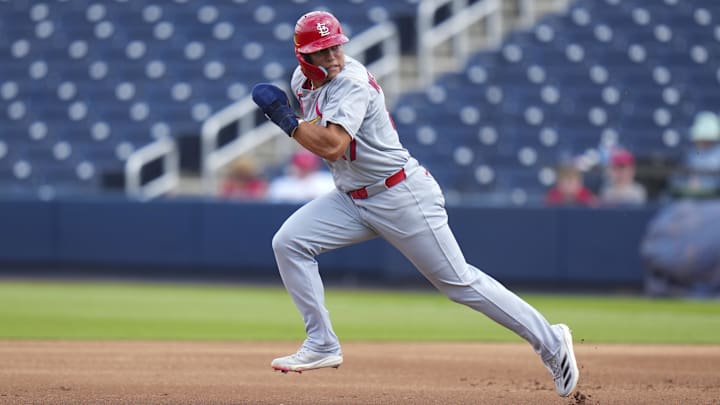 St. Louis Cardinals left feilder JJ Wetherholt (87) runs to second base against the Houston Astros during the second inning at CACTI Park of the Palm Beaches in West Palm Beach, Fla., on March 5, 2025.