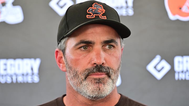 Jul 23, 2025; Berea, OH, USA; Cleveland Browns head coach Kevin Stefanski talks to the media during training camp at CrossCountry Mortgage Campus. 
