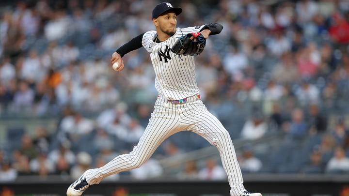 May 5, 2026; Bronx, New York, USA; New York Yankees starting pitcher Elmer Rodriguez (71) pitches against the Texas Rangers during the first inning at Yankee Stadium. Mandatory Credit: Brad Penner-Imagn Images May 5, 2026; Bronx, New York, USA; New York Yankees starting pitcher Elmer Rodriguez (71) pitches against the Texas Rangers during the first inning at Yankee Stadium. Mandatory Credit: Brad Penner-Imagn Images