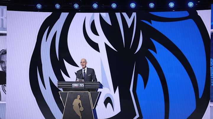 Jun 25, 2025; Brooklyn, NY, USA; NBA commissioner Adam Silver announces the first overall pick during the 2025 NBA Draft at Barclays Center. Mandatory Credit: Brad Penner-Imagn Images