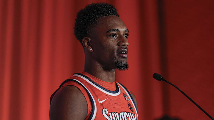 Oct 10, 2024; Charlotte, NC, USA;  Syracuse player JJ Starling at The Hilton Charlotte Uptown. Mandatory Credit: Jim Dedmon-Imagn Images