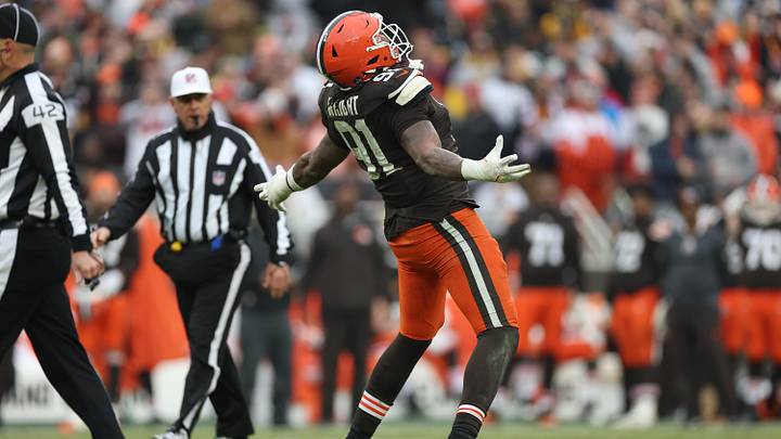 Dec 28, 2025; Cleveland, Ohio, USA; Cleveland Browns defensive end Alex Wright (91) reacts after a sack in the fourth quarter against the Pittsburgh Steelers at Huntington Bank Field. Mandatory Credit: Scott Galvin-Imagn Images