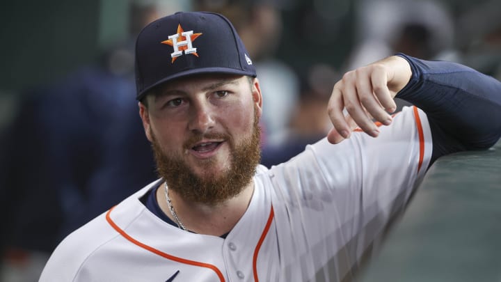 Jun 13, 2023; Houston, Texas, USA; Houston Astros relief pitcher Matt Gage (91) in the dugout before the game against the Washington Nationals at Minute Maid Park. Mandatory Credit: Troy Taormina-USA TODAY Sports