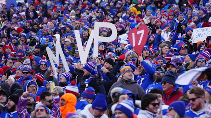 Jan 12, 2025: Buffalo Bills fans hold up “MVP” signs during the third quarter against the Denver Broncos