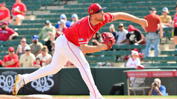 Feb 23, 2026; Tempe, Arizona, USA;  Los Angeles Angels pitcher Reid Detmers (48) throws in the first inning against the Texas Rangers during a spring training game at Tempe Diablo Stadium. Mandatory Credit: Matt Kartozian-Imagn Images