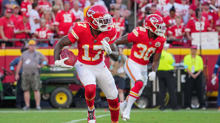 Sep 15, 2024; Kansas City, Missouri, USA; Kansas City Chiefs wide receiver Mecole Hardman (17) returns a kick against the Cincinnati Bengals during the game at GEHA Field at Arrowhead Stadium. Mandatory Credit: Denny Medley-Imagn Images