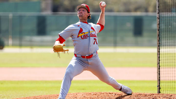 Feb 14, 2026; Jupiter, FL, USA; St. Louis Cardinals pitcher Packy Naughton (71) delivers a pitch during a spring training workout at Roger Dean Chevrolet Stadium. Mandatory Credit: Sam Navarro-Imagn Images Feb 14, 2026; Jupiter, FL, USA; St. Louis Cardinals pitcher Packy Naughton (71) delivers a pitch during a spring training workout at Roger Dean Chevrolet Stadium. Mandatory Credit: Sam Navarro-Imagn Images