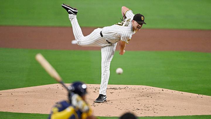 Sep 22, 2025; San Diego, California, USA; San Diego Padres starting pitcher Nick Pivetta #27 delivers during the first inning against the Milwaukee Brewers at Petco Park. Mandatory Credit: Denis Poroy-Imagn Images