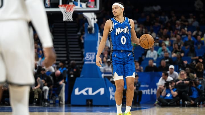 Orlando Magic guard Anthony Black (0) dribbles the ball against the Brooklyn Nets in the fourth quarter at Kia Center. 