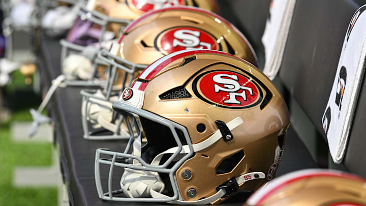 Sep 15, 2024; Minneapolis, Minnesota, USA; San Francisco 49ers helmets sits idle during the game against the Minnesota Vikings at U.S. Bank Stadium. Mandatory Credit: Jeffrey Becker-Imagn Images