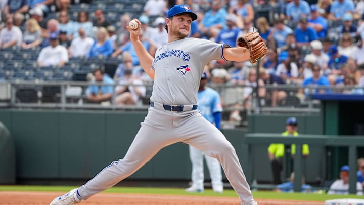 Sep 21, 2025; Kansas City, Missouri, USA; Toronto Blue Jays starting pitcher Trey Yesavage (39) delivers a pitch against the Kansas City Royals during the first inning at Kauffman Stadium.
