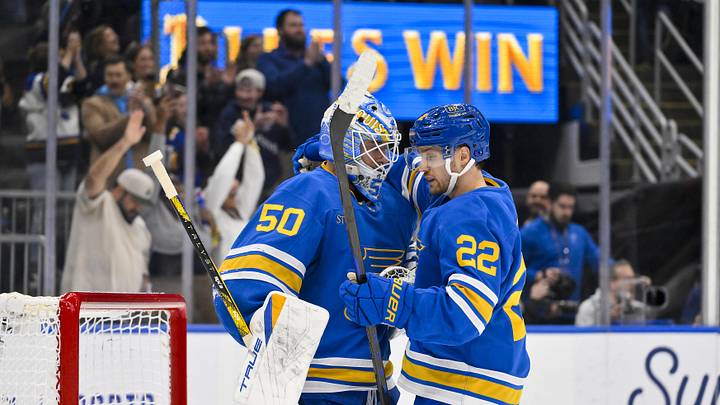 Nov 28, 2025; St. Louis, Missouri, USA; St. Louis Blues goaltender Jordan Binnington (50) celebrates with center Pius Suter (22) after the Blues defeated the Ottawa Senators at Enterprise Center. Mandatory Credit: Jeff Curry-Imagn Images Nov 28, 2025; St. Louis, Missouri, USA; St. Louis Blues goaltender Jordan Binnington (50) celebrates with center Pius Suter (22) after the Blues defeated the Ottawa Senators at Enterprise Center. Mandatory Credit: Jeff Curry-Imagn Images