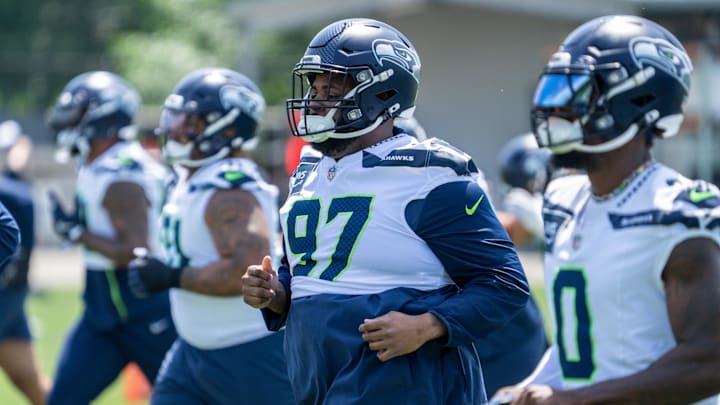 Jun 11, 2025; Renton, WA, USA; Seattle Seahawks defensive lineman Johnathan Hankins (97) takes part in drills during mini-camp at Virginia Mason Athletic Center.