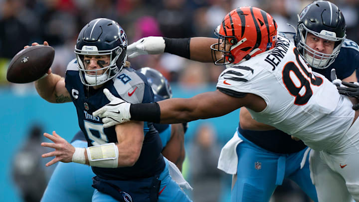 Cincinnati Bengals defensive tackle Kris Jenkins Jr. (90) nearly sacks Tennessee Titans quarterback Will Levis (8) during their game at Nissan Stadium in Nashville, Tenn., Sunday, Dec. 15, 2024. Cincinnati Bengals defensive tackle Kris Jenkins Jr. (90) nearly sacks Tennessee Titans quarterback Will Levis (8) during their game at Nissan Stadium in Nashville, Tenn., Sunday, Dec. 15, 2024.